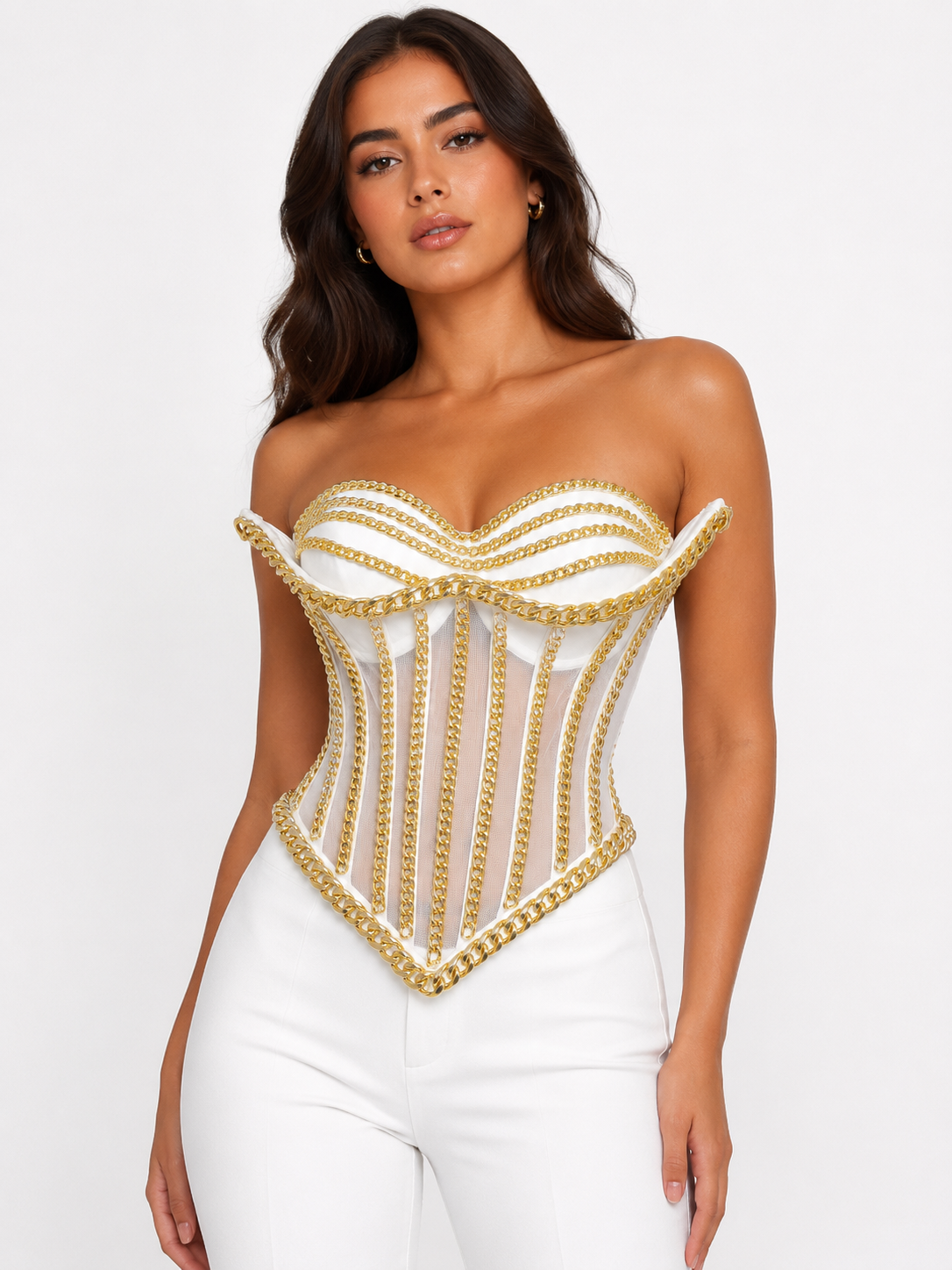 Gold Zincirli Beyaz Korse