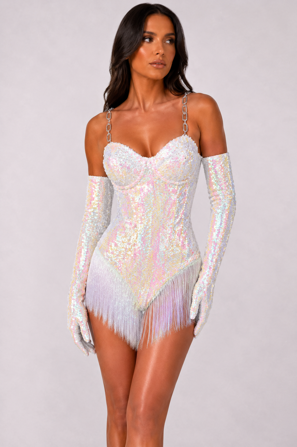 Payetli Püsküllü Eldivenli Body