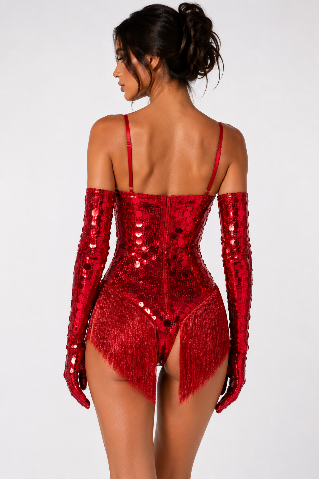 Payetli Püsküllü Eldivenli Body