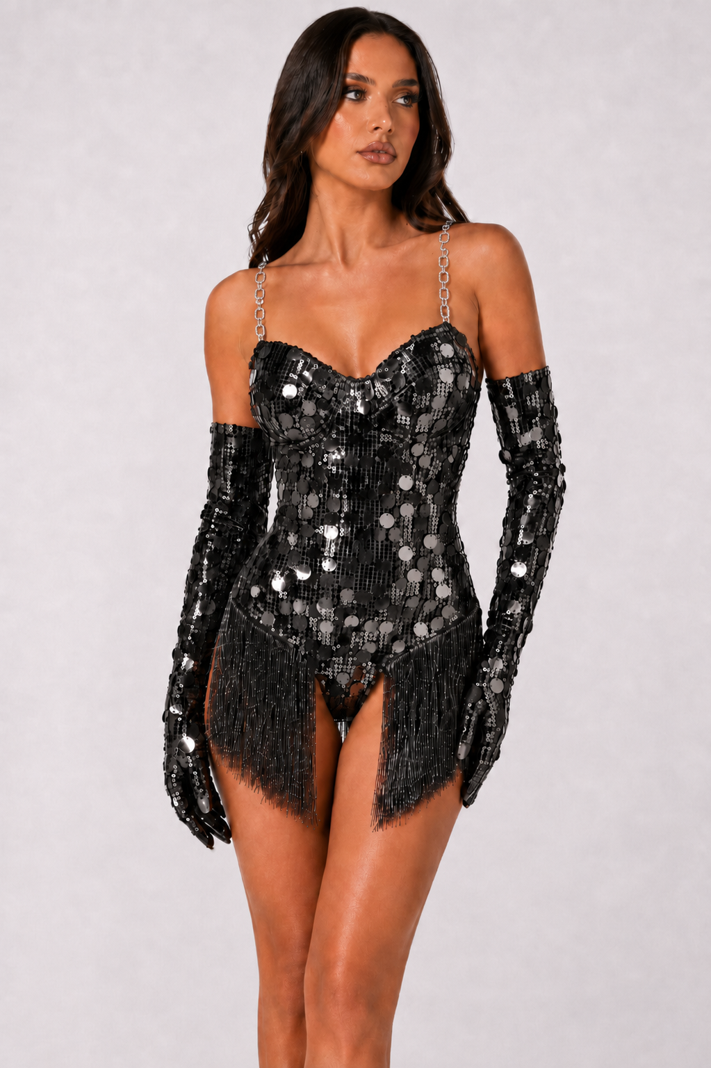 Payetli Püsküllü Eldivenli Body