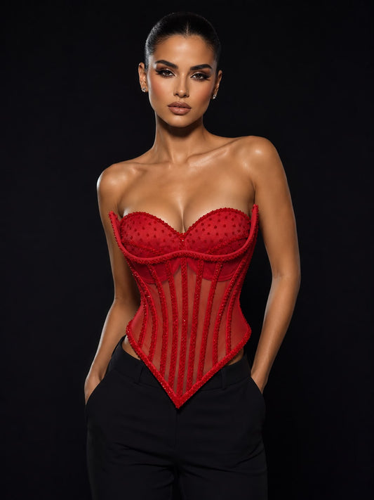 Kırmızı Kristal Taşlı Transparan Straplez Korse
