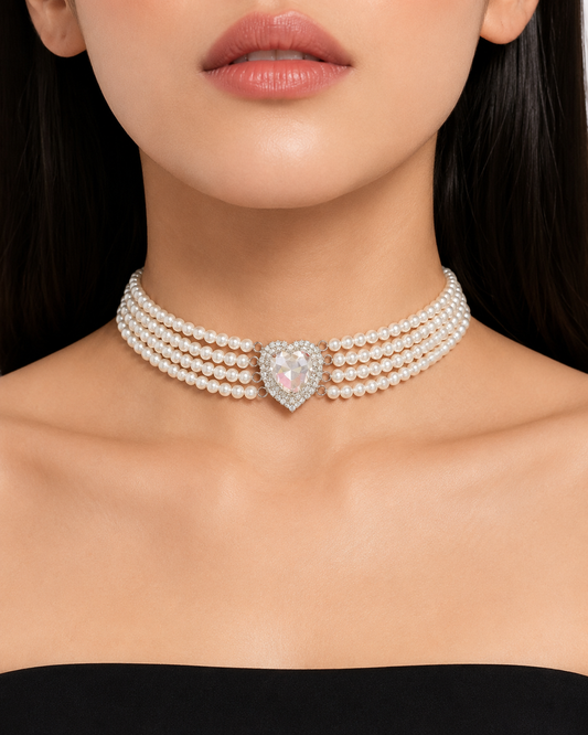 İnci Çok Sıralı Kalp Detaylı Choker ürün görseli, VOYEUR