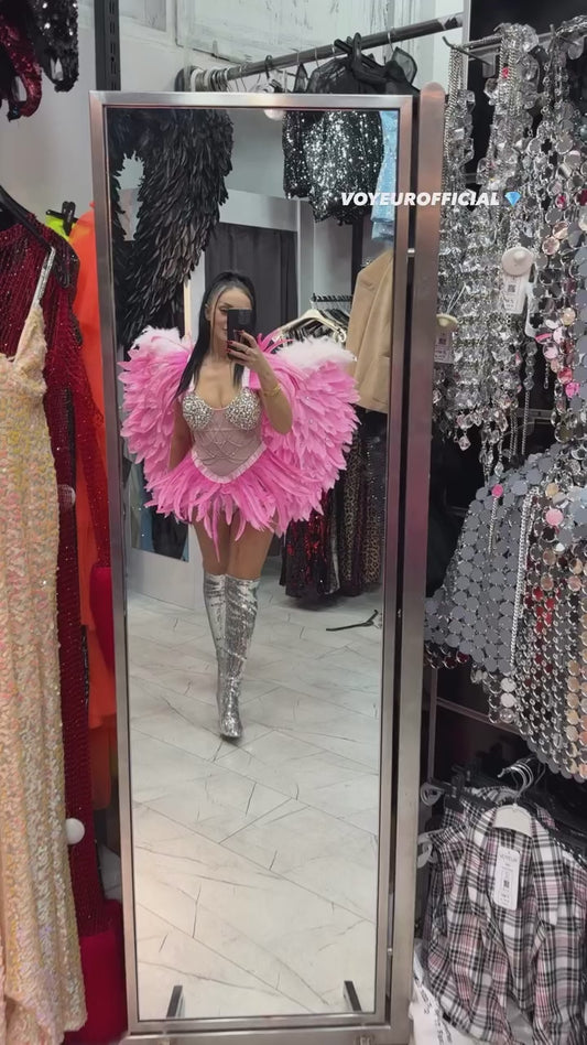 Kristal Taşlı Tüy Kanatlı Body Kostüm