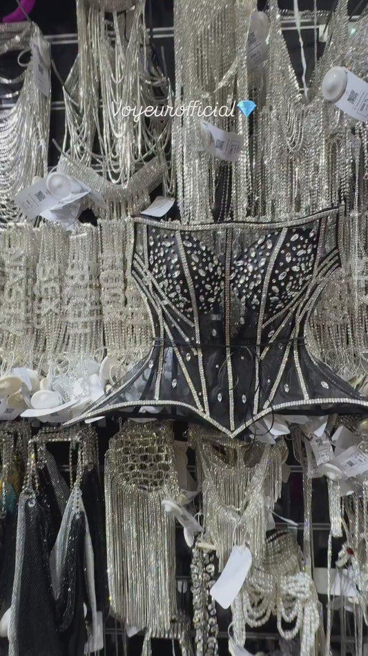 Kristal Taşlı Şeritli Siyah Straplez Korse