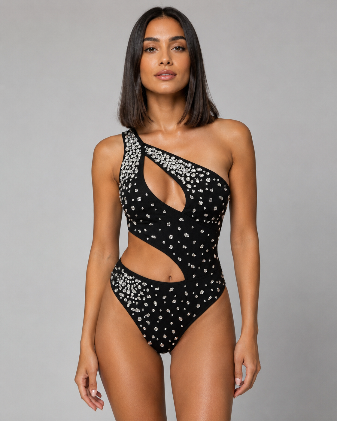 Kristal Taşlı Tek Omuz Cut-Out Siyah Body - VOYEUR